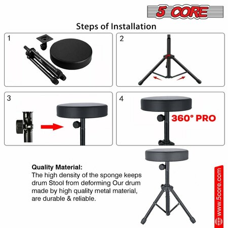 5 Core 5 Core Drum Throne - Height Adjustable Guitar Stool - Thick Padded Comfortable Drummer Chair Black DS 01 BLK